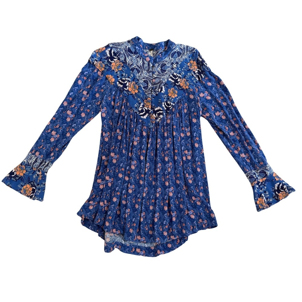 Free People Wildflower Fields Tunic Floral Paisley Bell Sleeve S Blue